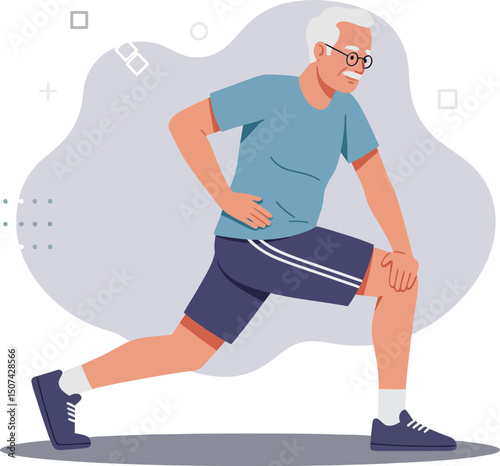 Elderly man stretching legs before exercise in sportswear vector illustration for healthy lifestyle promotion 