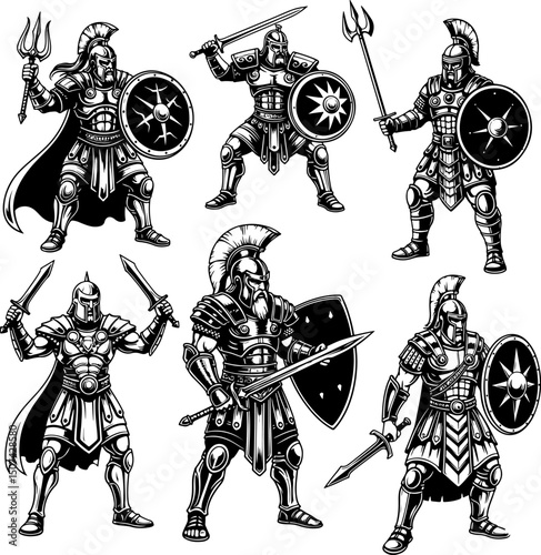 Powerful Roman Legionnaires in Action: Vintage Black and White Illustration Set