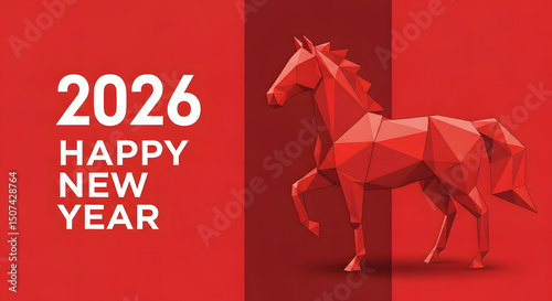 Red polygonal horse with text celebrating new year 2026  