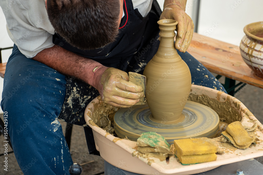 Potters hands shaping a clay jug on a pottery wheel at a traditional craft festival