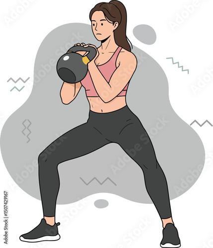 Woman exercising with kettlebell in fitness workout training for strength and health improvement 