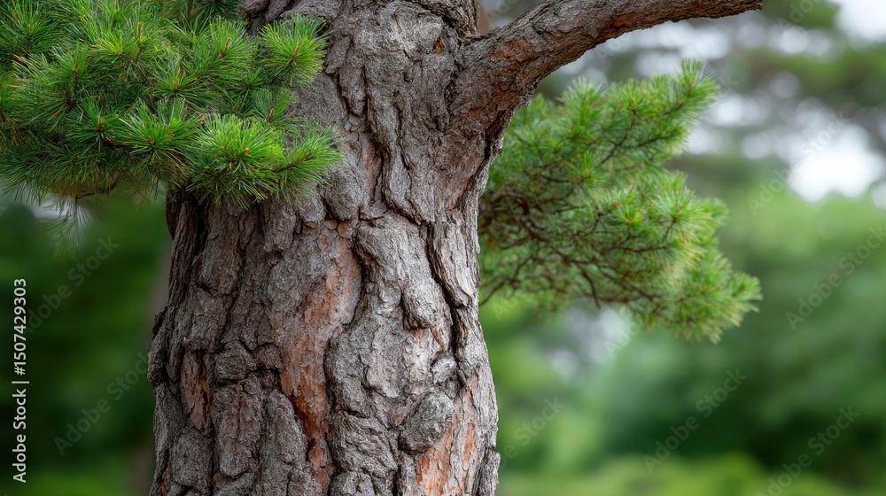 Obraz premium Close shot of a textured tree trunk with green needles set against a blurred green background