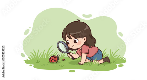 Curious young girl examining ladybug with magnifying glass on grass in outdoor nature scene 