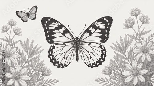 Wallpaper Mural A refined black-and-white line illustration featuring two butterflies surrounded by floral elements Torontodigital.ca