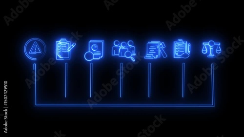 Neon Green Corporate Compliance and Governance Infographic – Line Art Icons Depicting Rules, Standards, Policies, Requirements, Regulations, Transparency, and Law in a Business Workflow