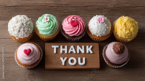 Cupcakes frosted in a variety of colors are lined up around a wood sign that says Thank You on a wood table