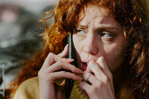 Fotografija Woman having serious conversation on mobile phone, with red hair, outdoors in natural light
