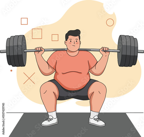 Overweight man lifting heavy barbell weight during strength training workout at gym vector illustration 