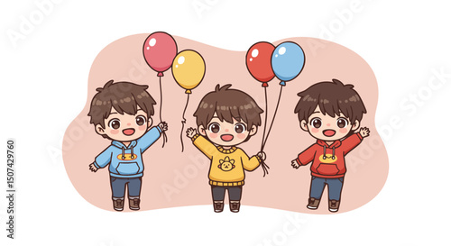 Three cheerful boys holding colorful balloons in casual clothes celebrating joyfully indoors 