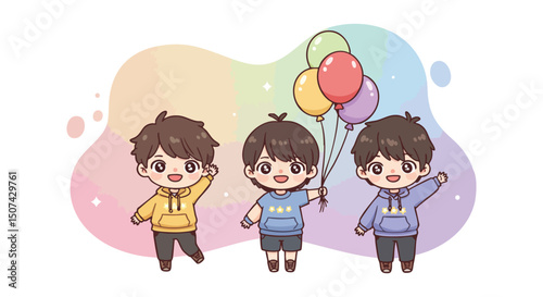 Three cheerful boys holding balloons and waving in colorful casual outfits with pastel background illustration 