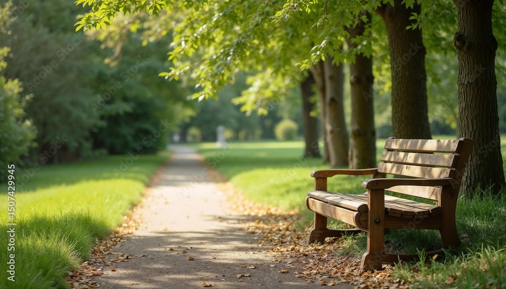 Fototapeta premium Wooden bench along pathway in sunny green park with trees 