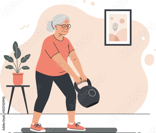 Senior woman exercising with kettlebell for healthy lifestyle and fitness routine indoor vector illustration 