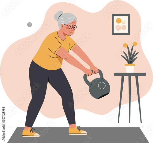 Senior woman exercising with kettlebell in home fitness routine for healthy lifestyle and wellbeing 