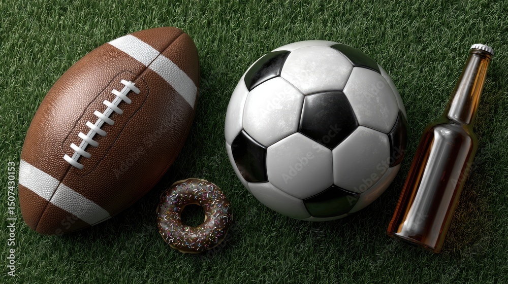 A football placed beside a cold beer bottle on lush green grass, symbolizing relaxation and sports enjoyment in a lively atmosphere A football placed beside a cold beer bottle on lush green grass, symbolizing relaxation and sports enjoyment in a lively atmosphere