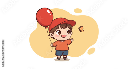 Cute happy toddler boy holding red balloon and smiling with butterfly flying nearby in playful scene 
