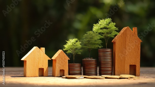 Wooden model houses with trees growing on top of coin stacks symbolizing investment and growth in real estate and financial prosperity for future generations