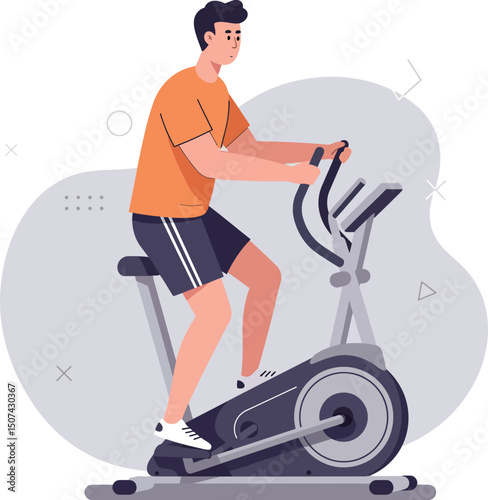 Man exercising on stationary bike indoor fitness workout health training vector illustration 