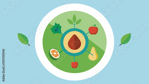 Nutrition and Hormones A vibrant plate of healthy food items like avocados nuts and leafy greens with arrows indicating their positive effects on hormone health.