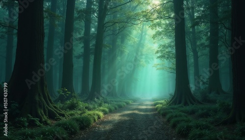 Serene forest path illuminated by soft sunlight through trees  