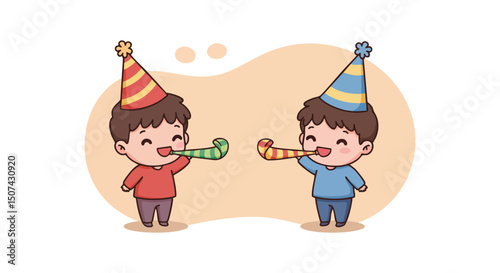 Two young boys wearing party hats celebrating with colorful blowouts in cheerful birthday party scene 