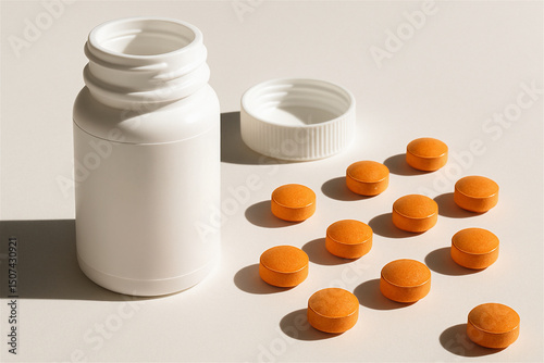 Close-up of chewable curcumin tablets scattered next to a plain white supplement bottle on a neutral background. Modern wellness concept with minimalist packaging and functional health focus.