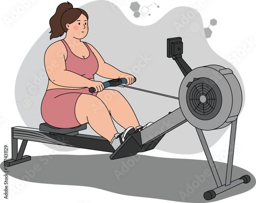 Woman Exercising on Rowing Machine Indoor Fitness Workout Healthy Lifestyle Activity Vector Illustration 