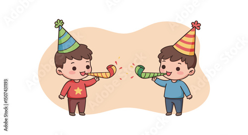 Two boys celebrating with party hats and party blowers in cheerful festive scene 
