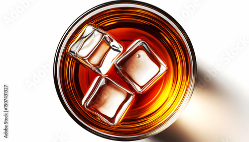 Top-down view of a glass filled with amber whiskey and three crystal clear ice cubes, on a pure white background
