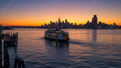 Seattle Ferry at Sunset with City Skyline