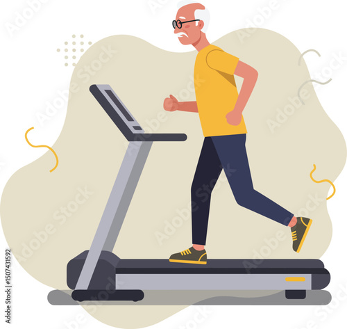 Elderly man running on treadmill exercising indoors for fitness and health lifestyle in casual clothes 