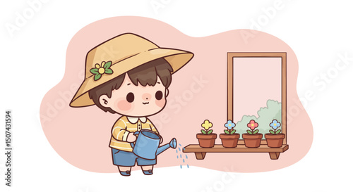 Cute boy watering small indoor plants on windowsill with pastel pink background in cozy home scene 