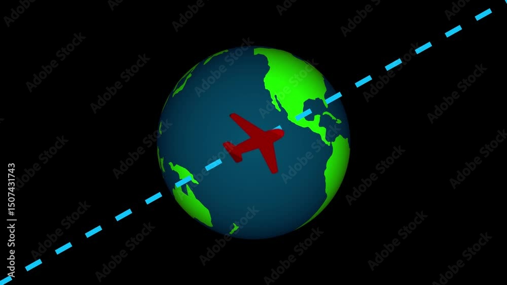 Plane flying over earth globe with dashed line route global travel concept