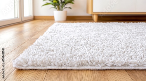 Cozy white shag rug on warm wood floor in bright room with green plant and modern furniture accents