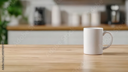Blank white coffee mug on wooden table against blurred kitchen background for branding and product display