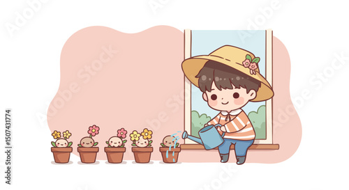 Child watering flowers in pots near window with straw hat and striped shirt natural indoor gardening activity 