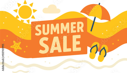 Vector illustration of a summer sale banner with a top view of beach waves in the background during summer