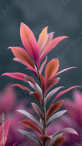 Red leaves extend from a central stalk against a dark gray background with similarly colored foliage below
