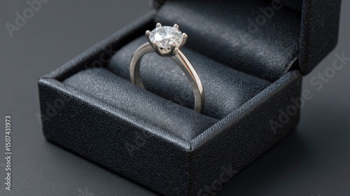 Ring in black box featuring diamond solitaire sixprong setting silver band luxurious presentation