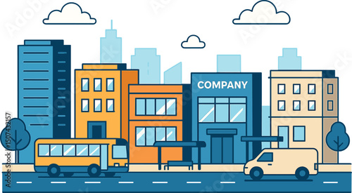 Vector illustration of cityscape and company buildings with a minibus and van on the street, featuring business buildings and a public bus stop in an urban setting with a smart city and sky