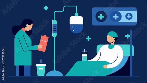IV Therapy Session A patient receiving intravenous therapy with glowing vials of regenerative substances hanging from a stand. The nurse monitors the process and the room has a