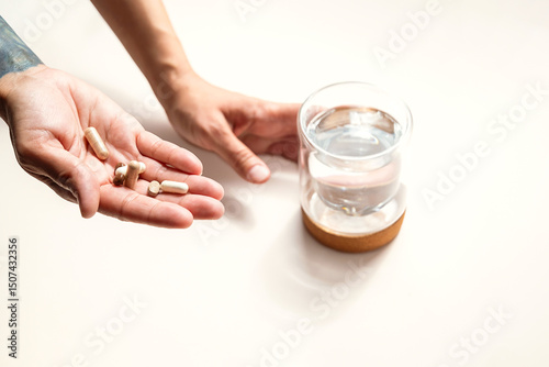 Person Holds Capsules in One Hand and Glass of Water in the Other. Focus on Health and Wellness.