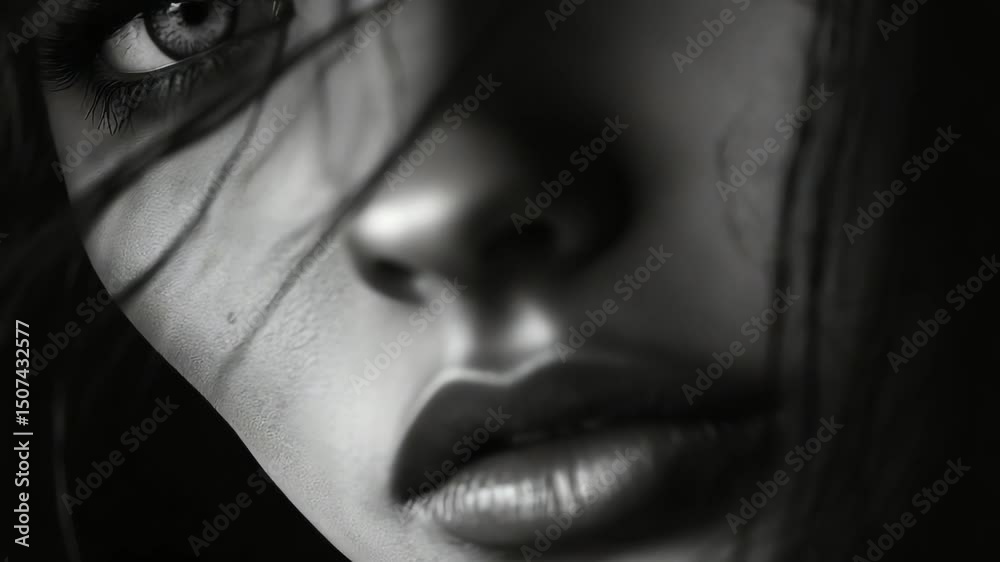 Close-up grayscale portrait of a woman's face and hair.