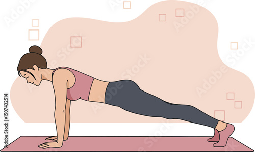 Woman performing plank exercise on yoga mat for fitness and core strength training in casual workout wear 