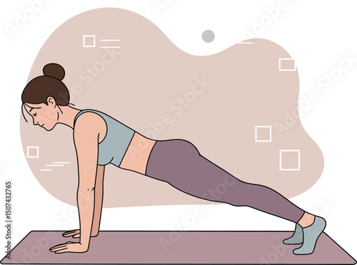 Woman performing plank yoga pose on mat in fitness exercise routine for core strength and balance training 