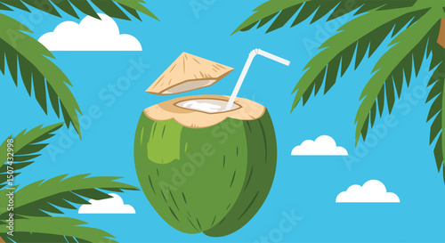 set green coconut. drinking coconut. A tropical fruit. coconut grew on a palm tree. coconut milk. an exquisite cocktail. a fruit painted in a flat style. vector. delicious milk.