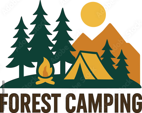 Vector illustration of a forest camping logo emblem representing outdoor adventure and leisure with silhouettes of pine trees