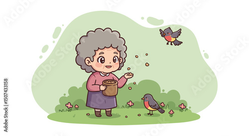 Elderly woman feeding birds with seeds in green park surrounded by flowers and flying bird cheerful scene 