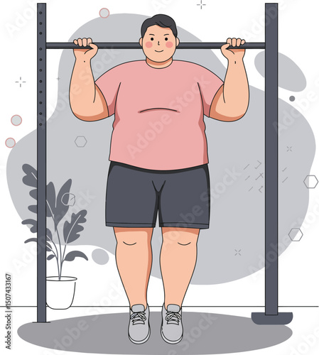 Overweight man exercising with pull-up bar at home fitness routine vector illustration 