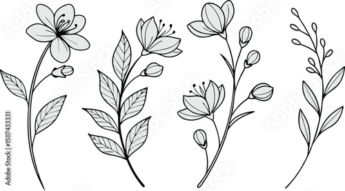 Minimal Botanical graphic sketch drawing, trendy tiny tattoo design, floral elements minimalist black and white vector illustration of five elegant botanical sketches.