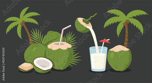 set green coconut. drinking coconut. A tropical fruit. coconut grew on a palm tree. coconut milk. an exquisite cocktail. a fruit painted in a flat style. vector. delicious milk.